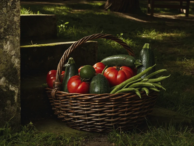 Cesto di vimini con pomodori, zucchine e fagiolini appena raccolti