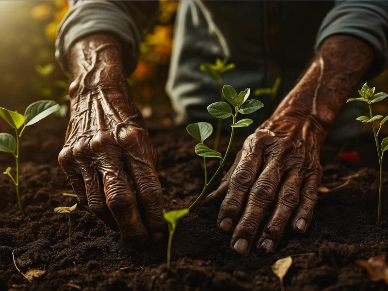 Mani anziane che affondano giovani piantine nella terra scura